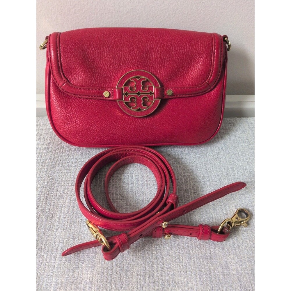 Tory Burch Amanda Red Pebble Leather Foldover Crossbody